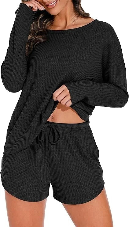 Womens Waffle Knit Pajama Sets Long Sleeve Top and Shorts Loungewear Sweatsuit