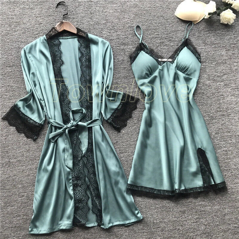 New Women Sexy Silk Satin Pajama Set Lace Sleepwear Home Wear Nightwear Set