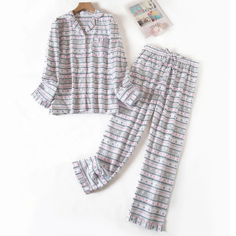 Womens 100% Cotton Pajamas Set Flannel Printed Button Nightwear Loungewear 12-24