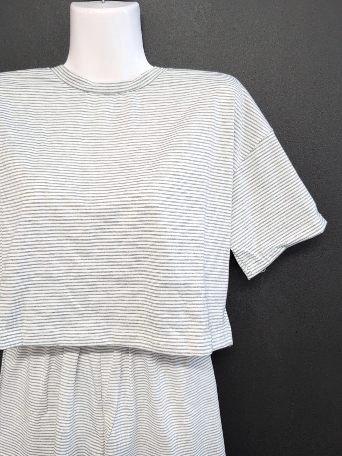 Split Short Pajama Set 2 Piece Women Sleepwear Striped Cotton Loungewear M Gray