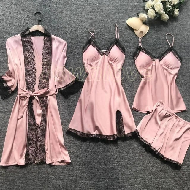 New Women Sexy Silk Satin Pajama Set Lace Sleepwear Home Wear Nightwear Set