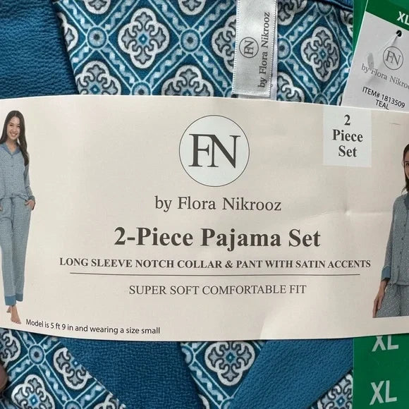 Flora Nikrooz Teal and White Pajama Set Satin Accents 2 Piece