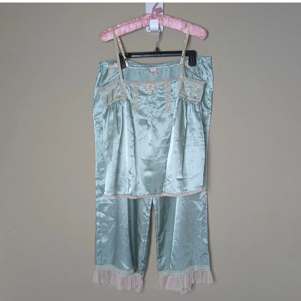 Kenzie Satin Pajama Set 2 Piece Cami & Cropped Pants Mint Green Lace Trim Size L