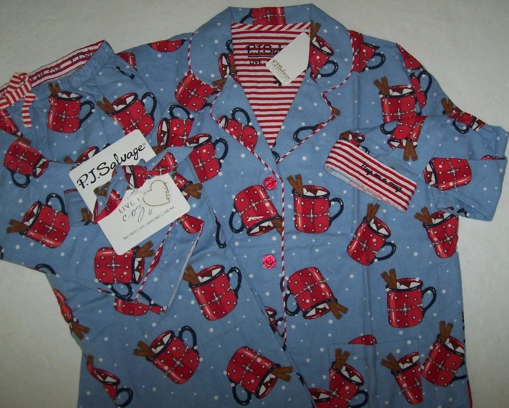 NWT PJ Salvage Blue/Red HOT COCOA Flannel Pajama/Lounge Set L HUG IN A MUG