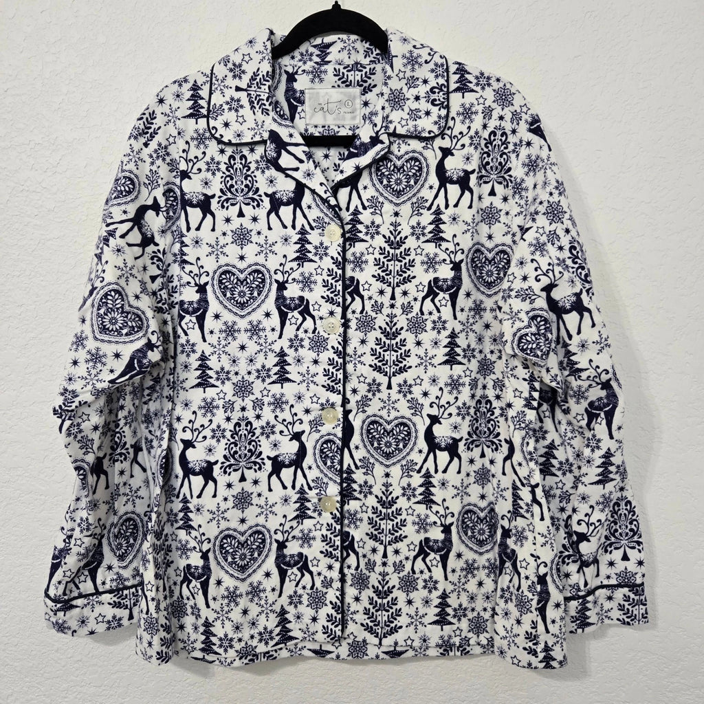 The Cats Pajamas Reindeer PJ Set Womens White Blue Holiday Christmas Loungewear