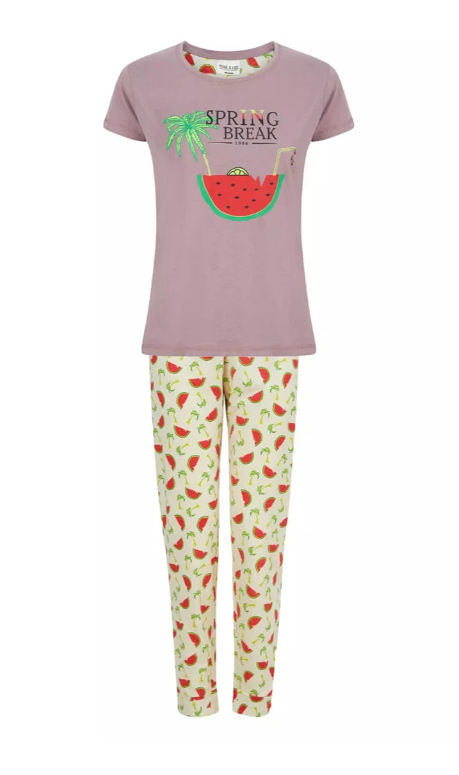 Ladies Pyjama Cotton Blend Printed Crew Neck 2 Piece Set 3 Prints