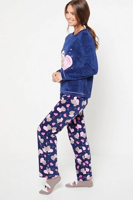 Ladies Womens SUPERSOFT FLEECE Pyjamas and Matching Socks Cosy PJ SET UK 8-26