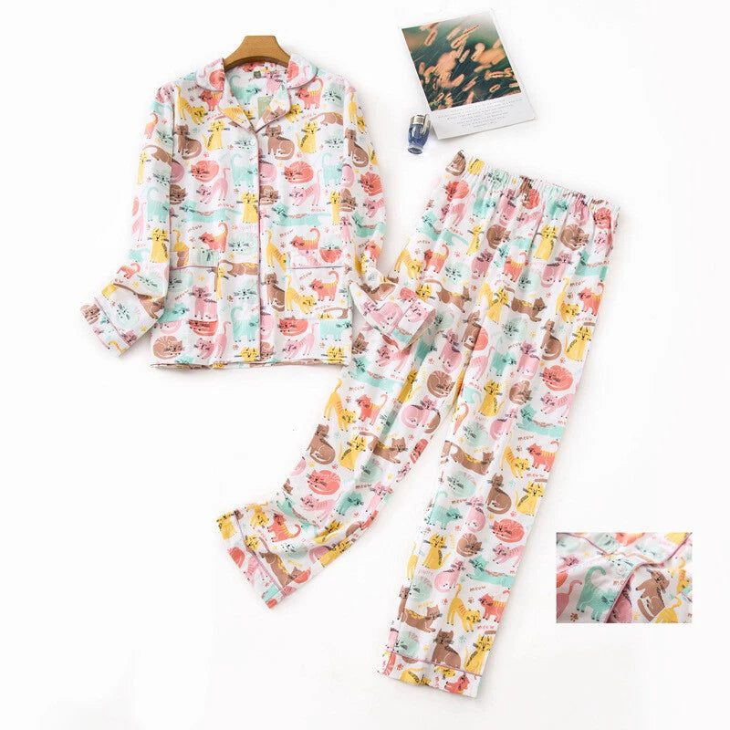 Womens 100% Cotton Pajamas Set Flannel Printed Button Nightwear Loungewear 12-24