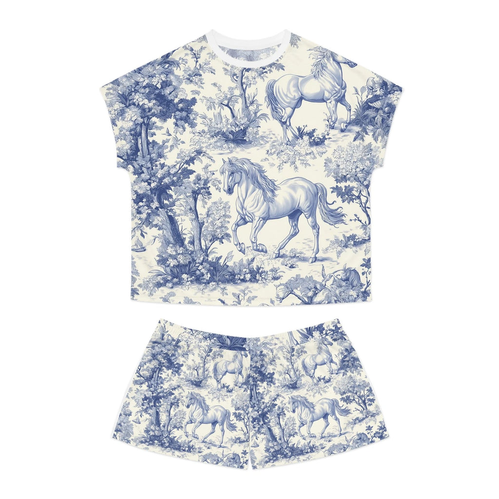 Whimsical Horse Print Pajama Set Cozy Sleepwear, Animal Lover Gift, Blue Floral