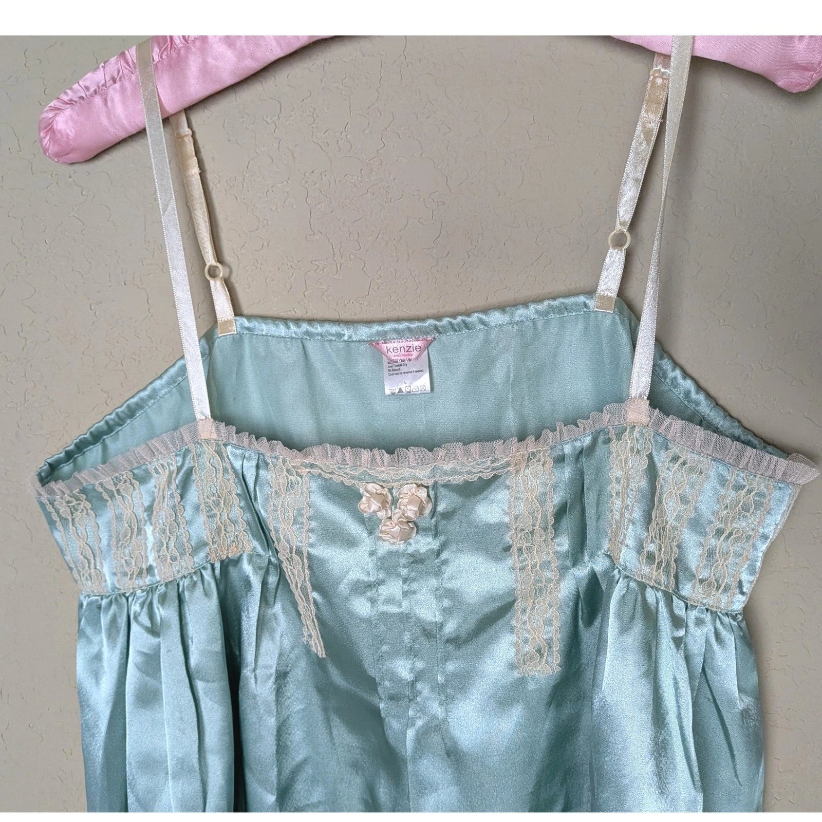 Kenzie Satin Pajama Set 2 Piece Cami & Cropped Pants Mint Green Lace Trim Size L
