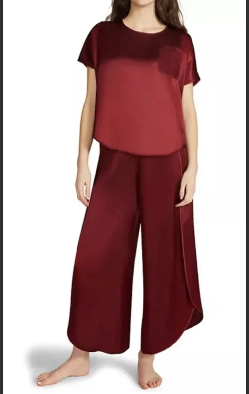 NWT BB Dakota Women's Satin 2-Piece Short Sleeve & Pant Lounge Set Burgundy Sml