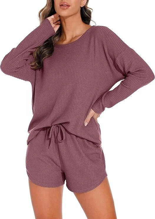 Womens Waffle Knit Pajama Sets Long Sleeve Top and Shorts Loungewear Sweatsuit