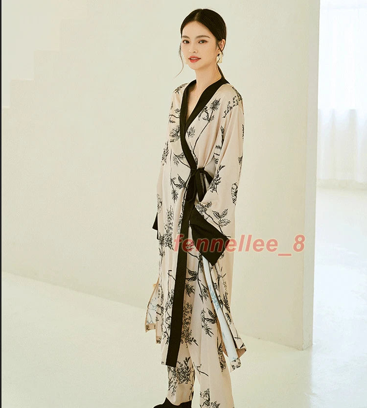 Women 2PC Ice Silk Printed Kimono Coat Pant Chinese Nightgown Pajamas Loungewear