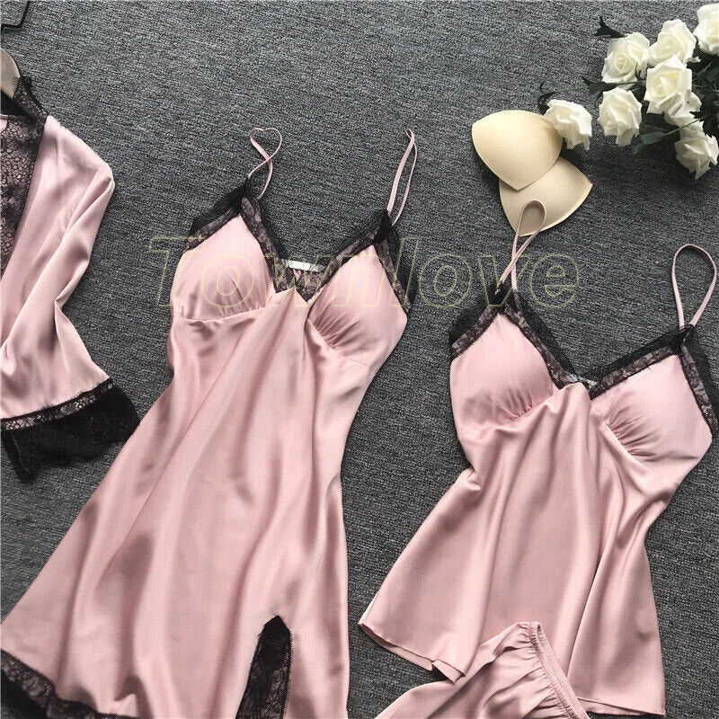 New Women Sexy Silk Satin Pajama Set Lace Sleepwear Home Wear Nightwear Set