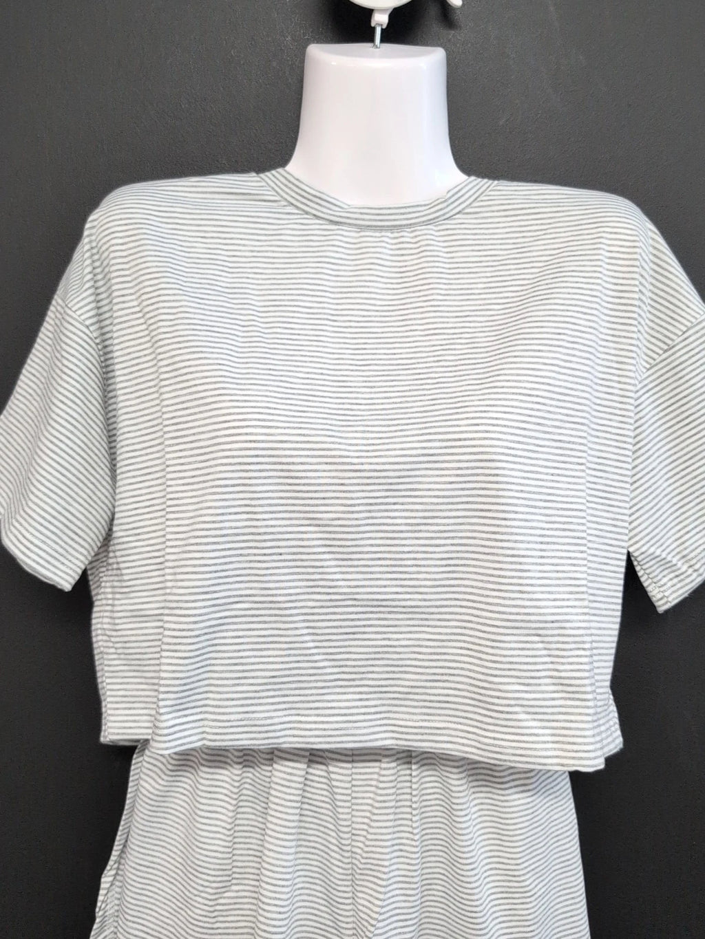 Split Short Pajama Set 2 Piece Women Sleepwear Striped Cotton Loungewear M Gray