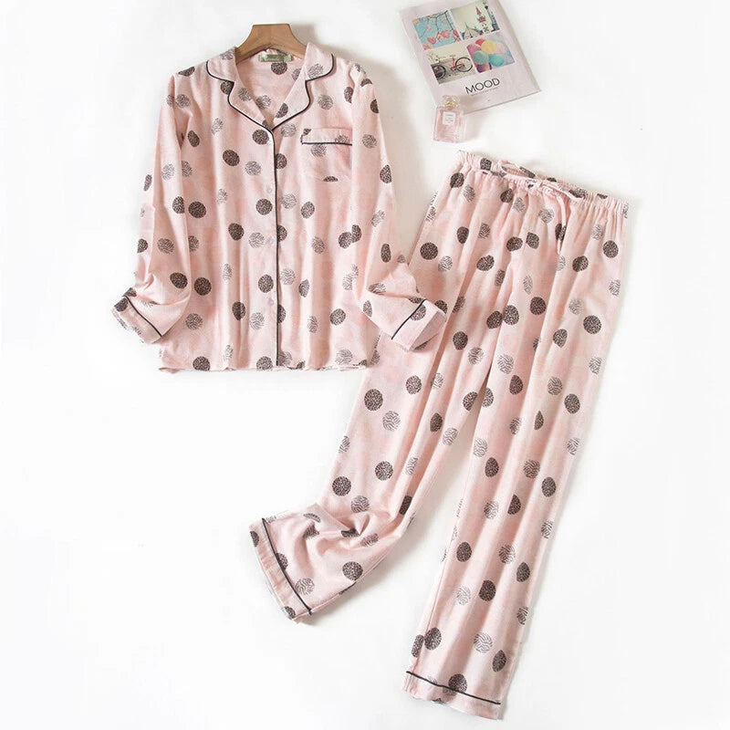 Womens 100% Cotton Pajamas Set Flannel Printed Button Nightwear Loungewear 12-24