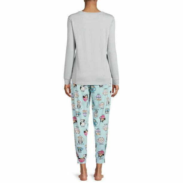 COFFEE CATS LONG SLEEVE JOGGER SECRET TREASURES GRAY BLUE PANTS PAJAMAS SET 3X