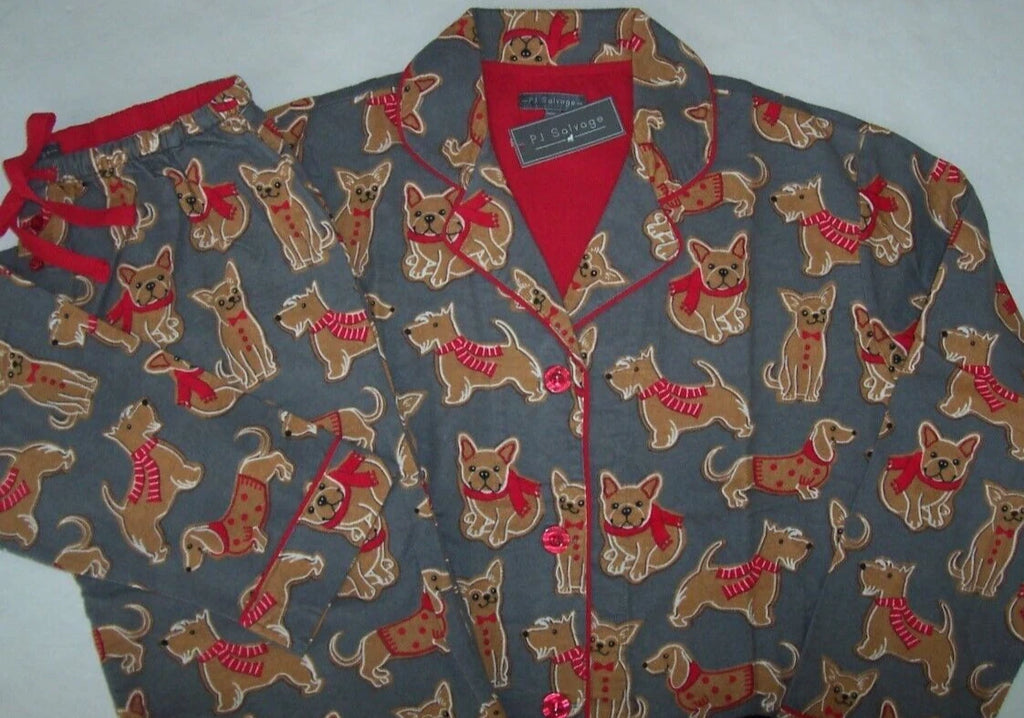 NWT PJ Salvage Gray/Red GINGERBREAD DOG COOKIES Cotton Flannel Pajama Set M