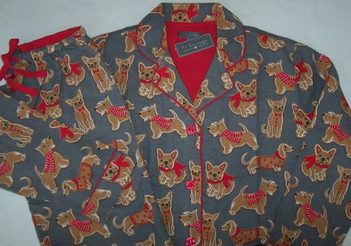NWT PJ Salvage Gray/Red GINGERBREAD DOG COOKIES Cotton Flannel Pajama Set M