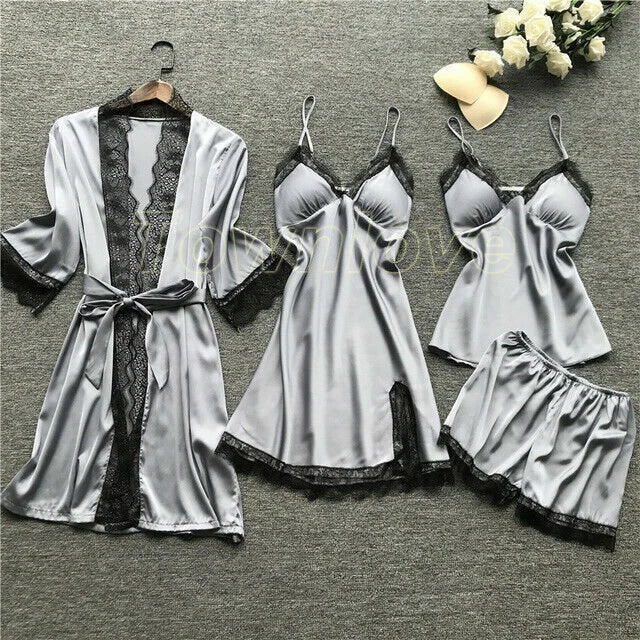 New Women Sexy Silk Satin Pajama Set Lace Sleepwear Home Wear Nightwear Set