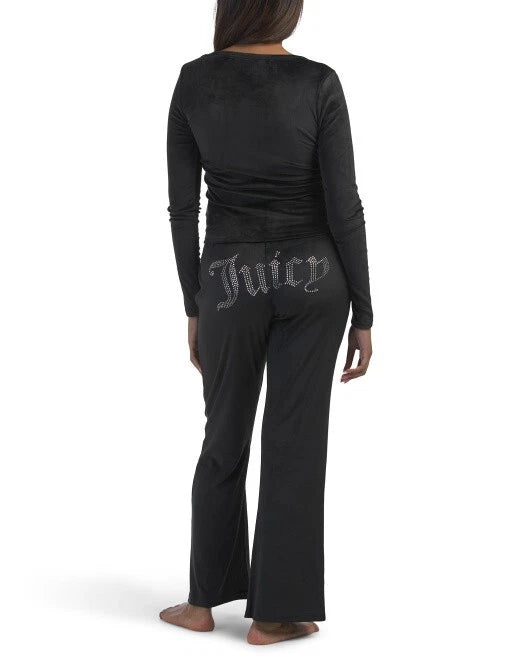 Juicy Couture Velour Sleepwear Lounge Set Size Large Black Top + Flare Pants NEW