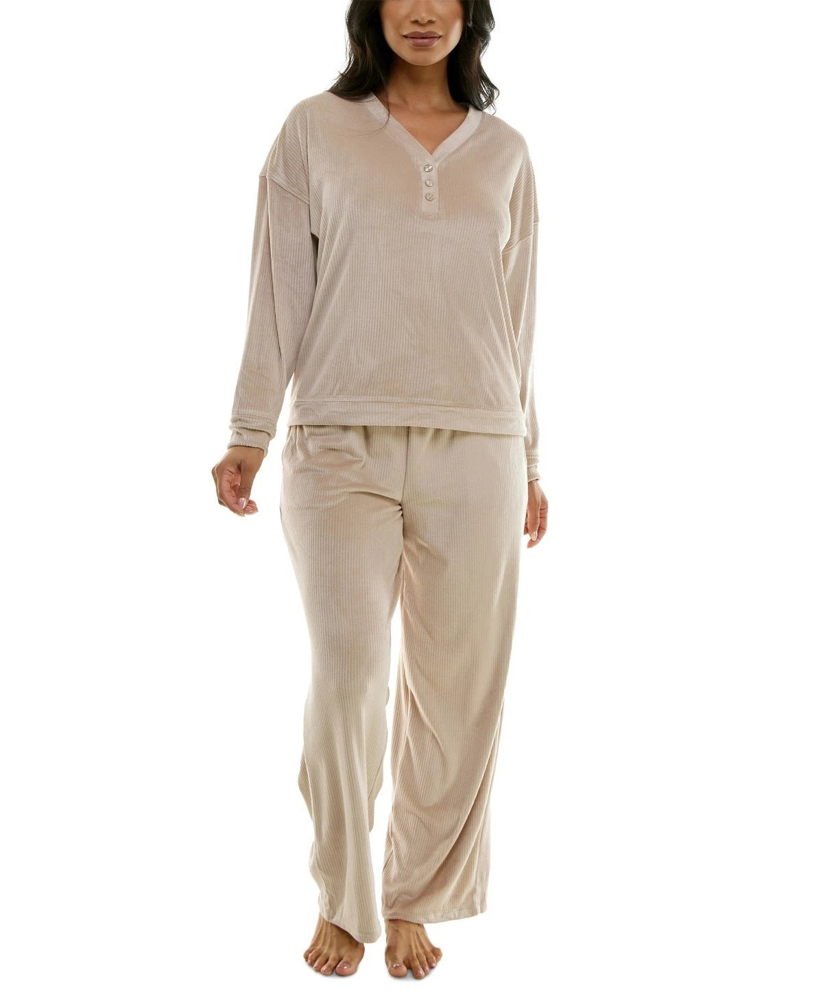 Roudelain Women's Long-Sleeve Ribbed Velour Pajama Set, Beige, Size L 0106