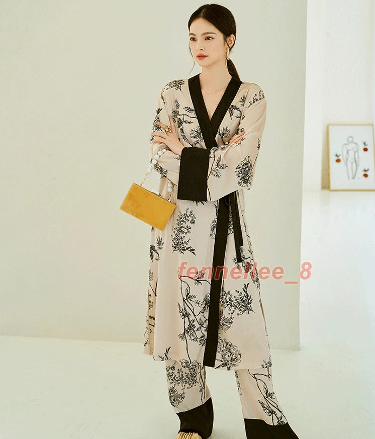 Women 2PC Ice Silk Printed Kimono Coat Pant Chinese Nightgown Pajamas Loungewear