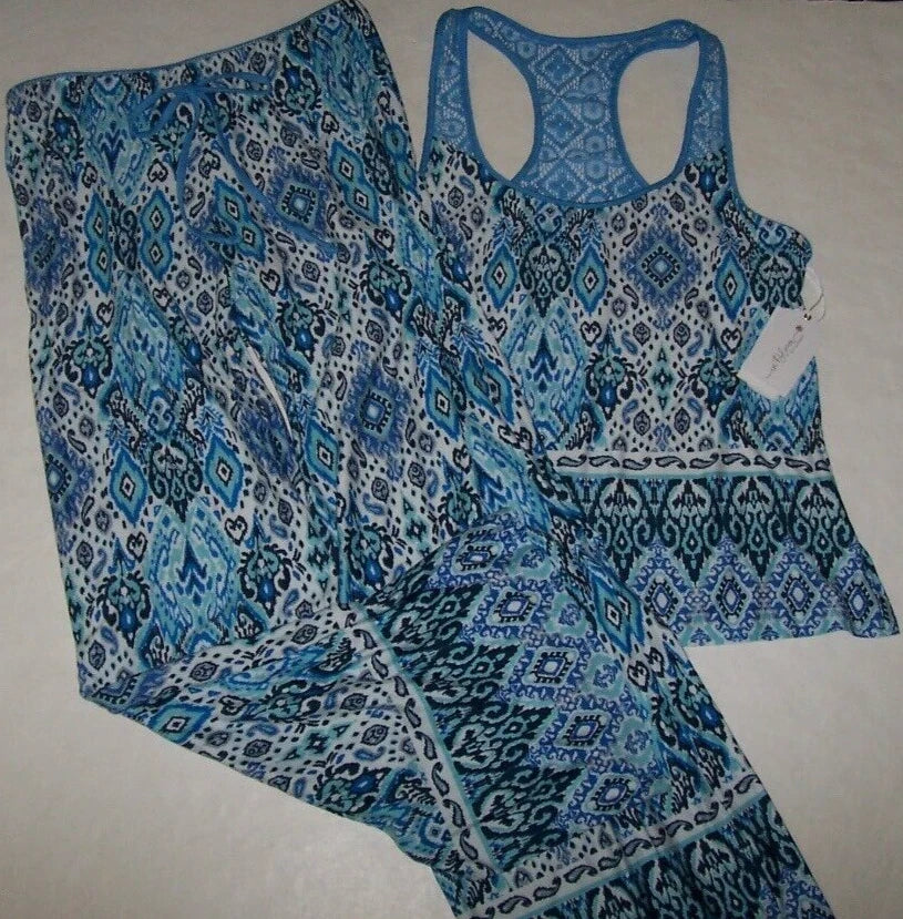 NWT In Bloom by Jonquil NAVY/AQUA/BLUE/WHITE IKAT Knit Pajama Set XS LACY Trim