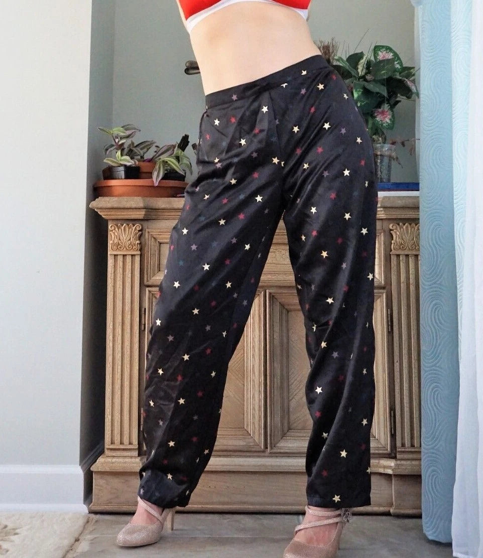 Black Satin pajama Shirt OR Pants Gold sparkle stars silky smooth NEW XS-2X