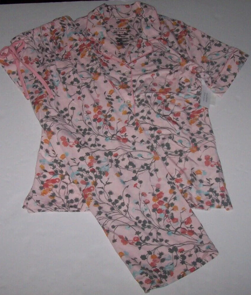 NWT Natori PINK ROSE FLORAL Soft Knit Cropped Pajama/Lounge Set L Gray POCKETS