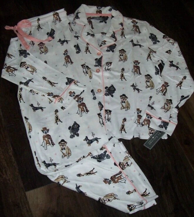 NWT PJ Salvage Ivory/Pink CURIOUS DOGS in HATS/GLASSES Peachy Knit Pajama Set S
