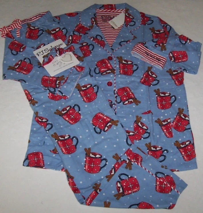 NWT PJ Salvage Blue/Red HOT COCOA Flannel Pajama/Lounge Set L HUG IN A MUG
