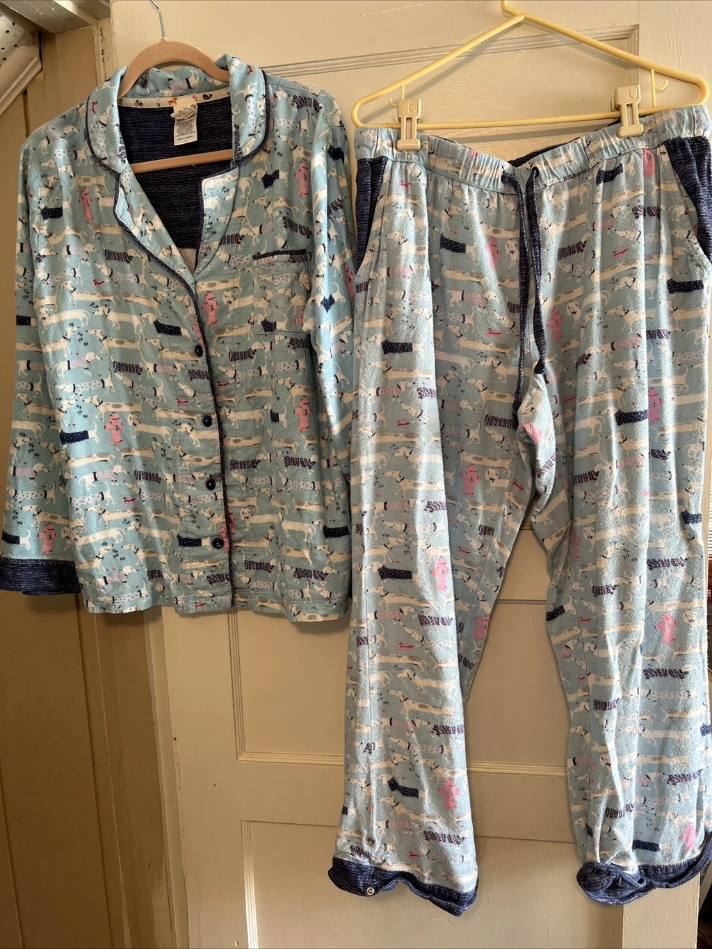 Munki Munki Flannel Pajamas Large Blue Dachshund Weiner Dog Pockets