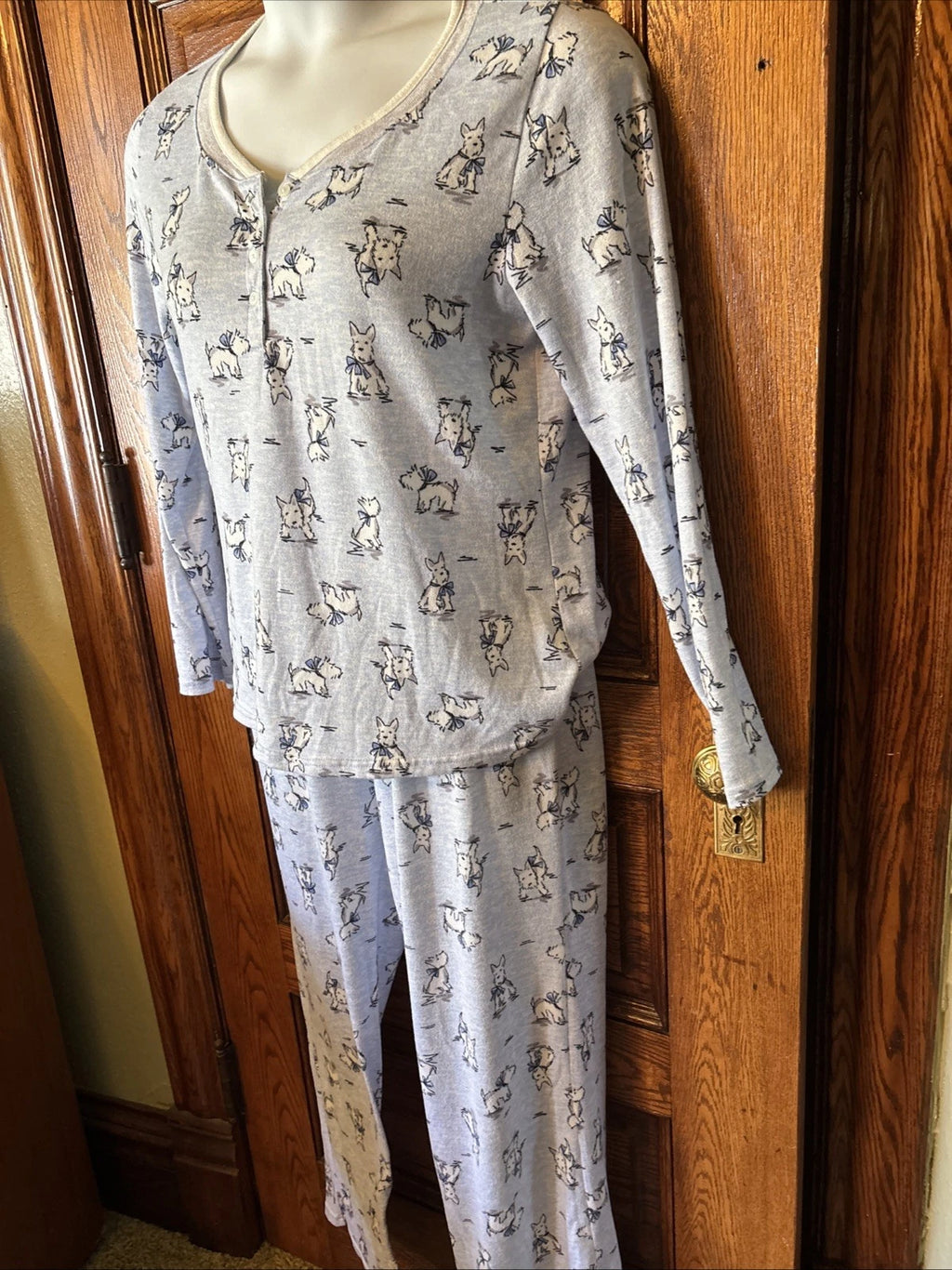 LAURA ASHLEY Women's Blue Pajama PJ Pants Top Set Scottie Westie Dog Print, Sz L