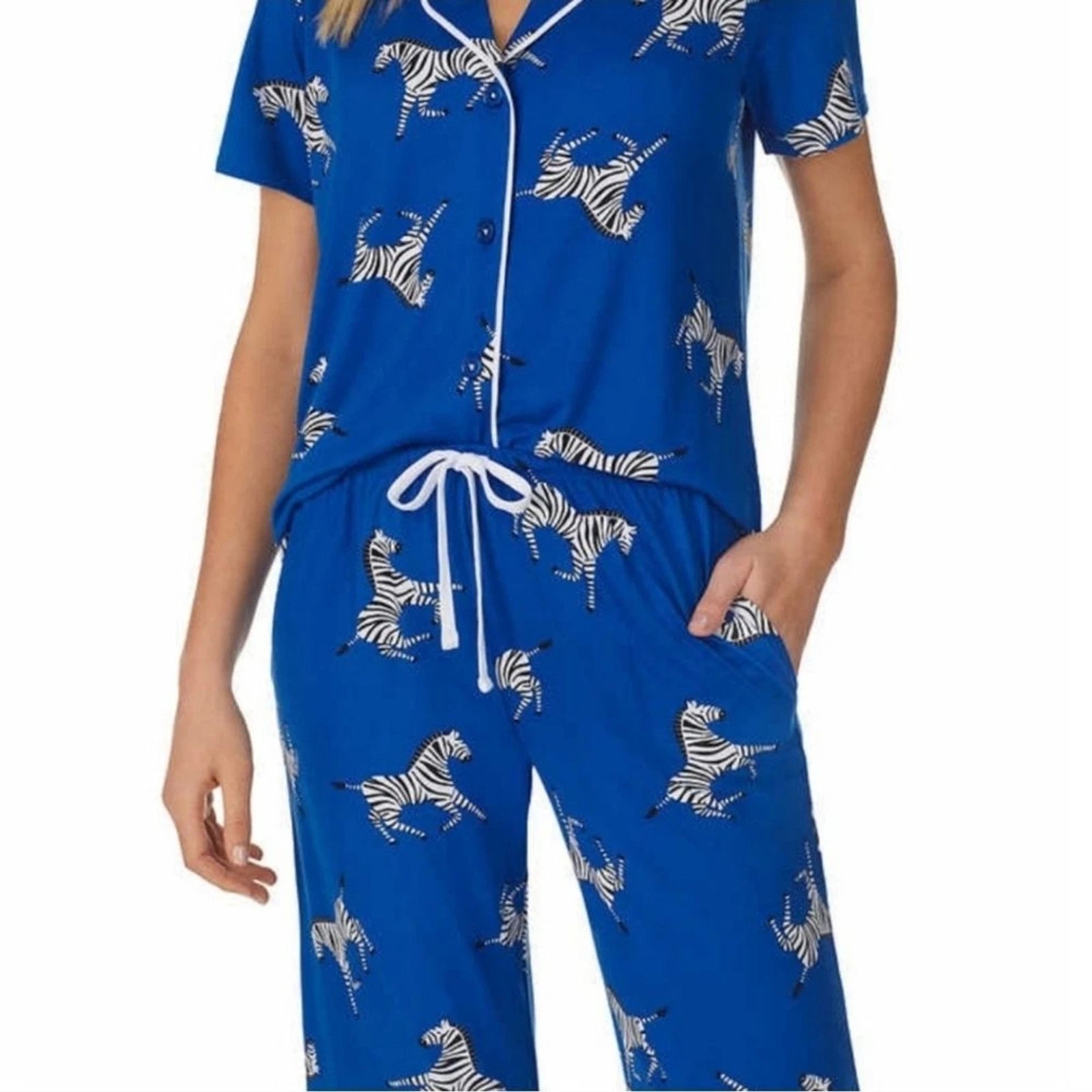 Room Service Womens Notch Collar 2pc Zebra Print Capri PJ Pajama Set Blue Size L