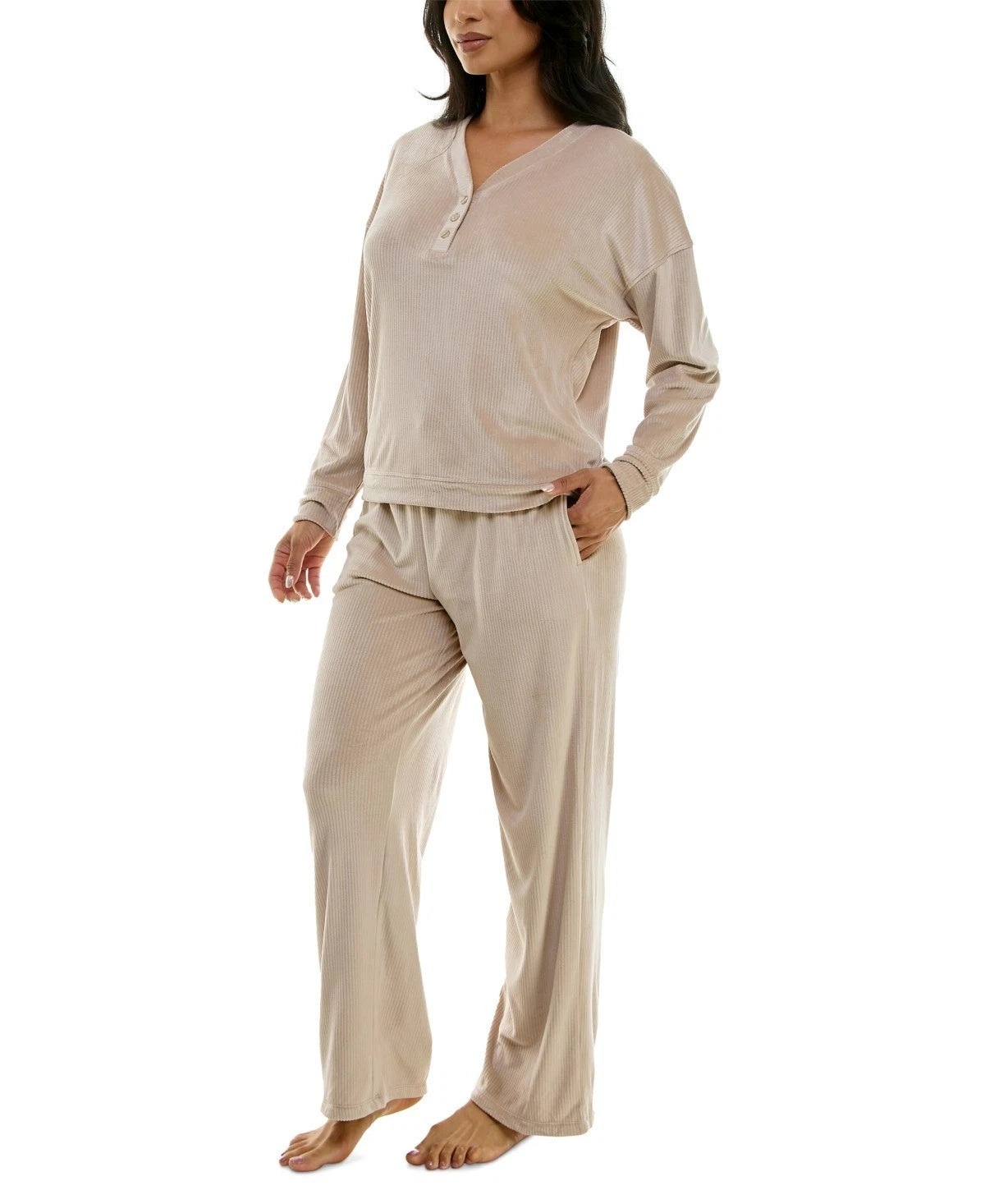 Roudelain Women's Long-Sleeve Ribbed Velour Pajama Set, Beige, Size L 0106