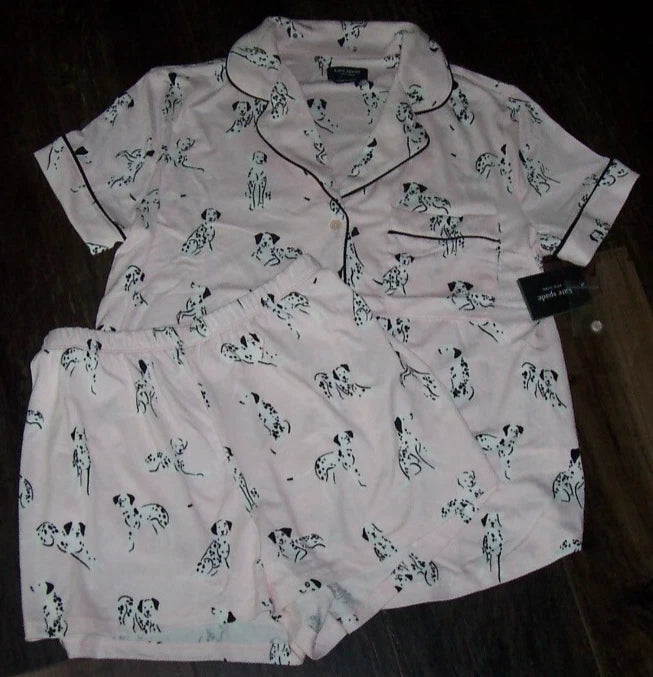 NWT Kate Spade Pink/Black DALMATIAN DOGS Knit SHORTS Pajama/Lounge Set Women's S