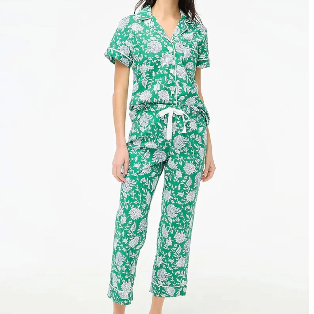 J Crew NWT $118 Green Floral Short-Sleeve Cotton Pajama Set Sz M | Cropped Pant