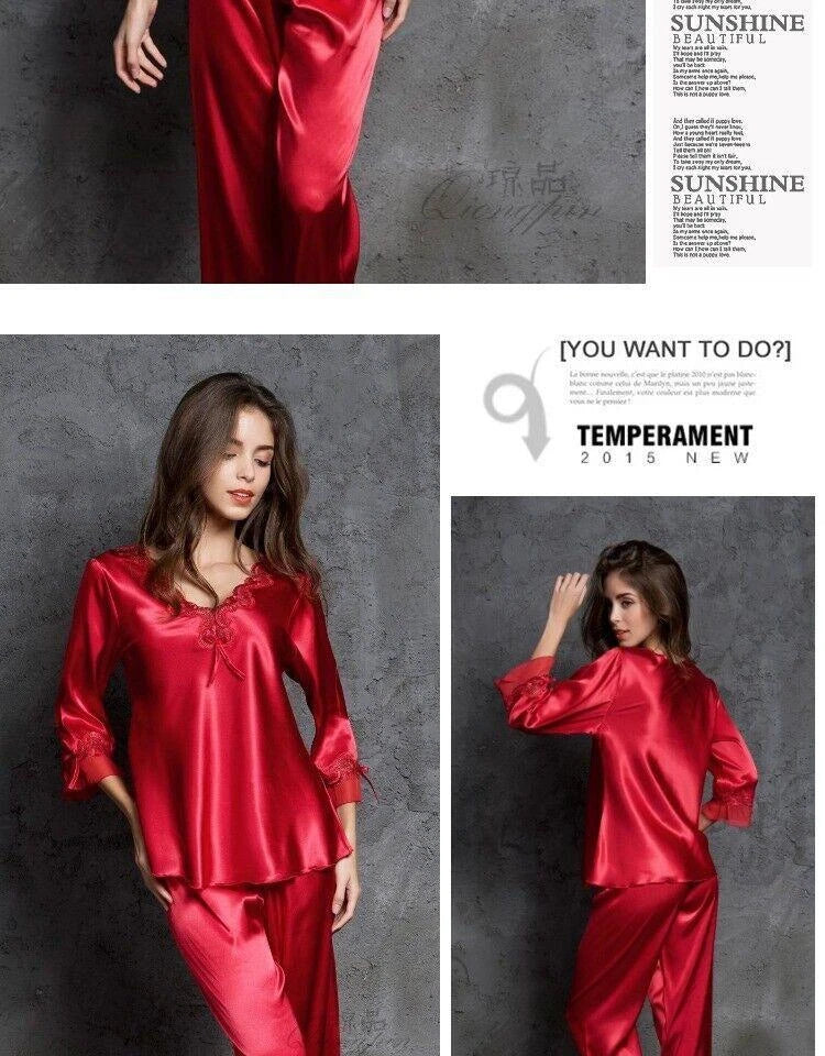 Women's Faux Silk Sexy Lace Silk Pajamas Silk Pajamas Set Home Sleepwear 2pcs