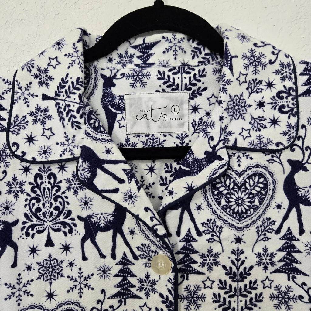 The Cats Pajamas Reindeer PJ Set Womens White Blue Holiday Christmas Loungewear