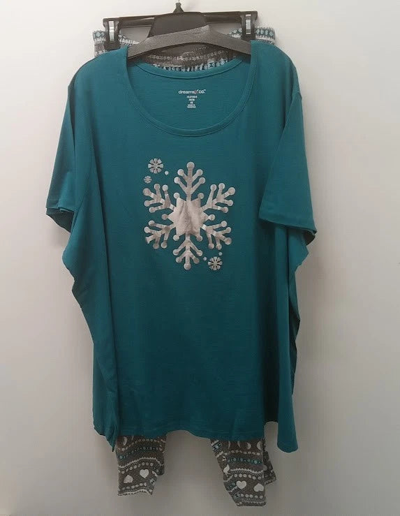 NWOT Teal/Multi Dreams & Co Sh Slv Cotton 2 Pc Pajama Set Size 4X (34/36)