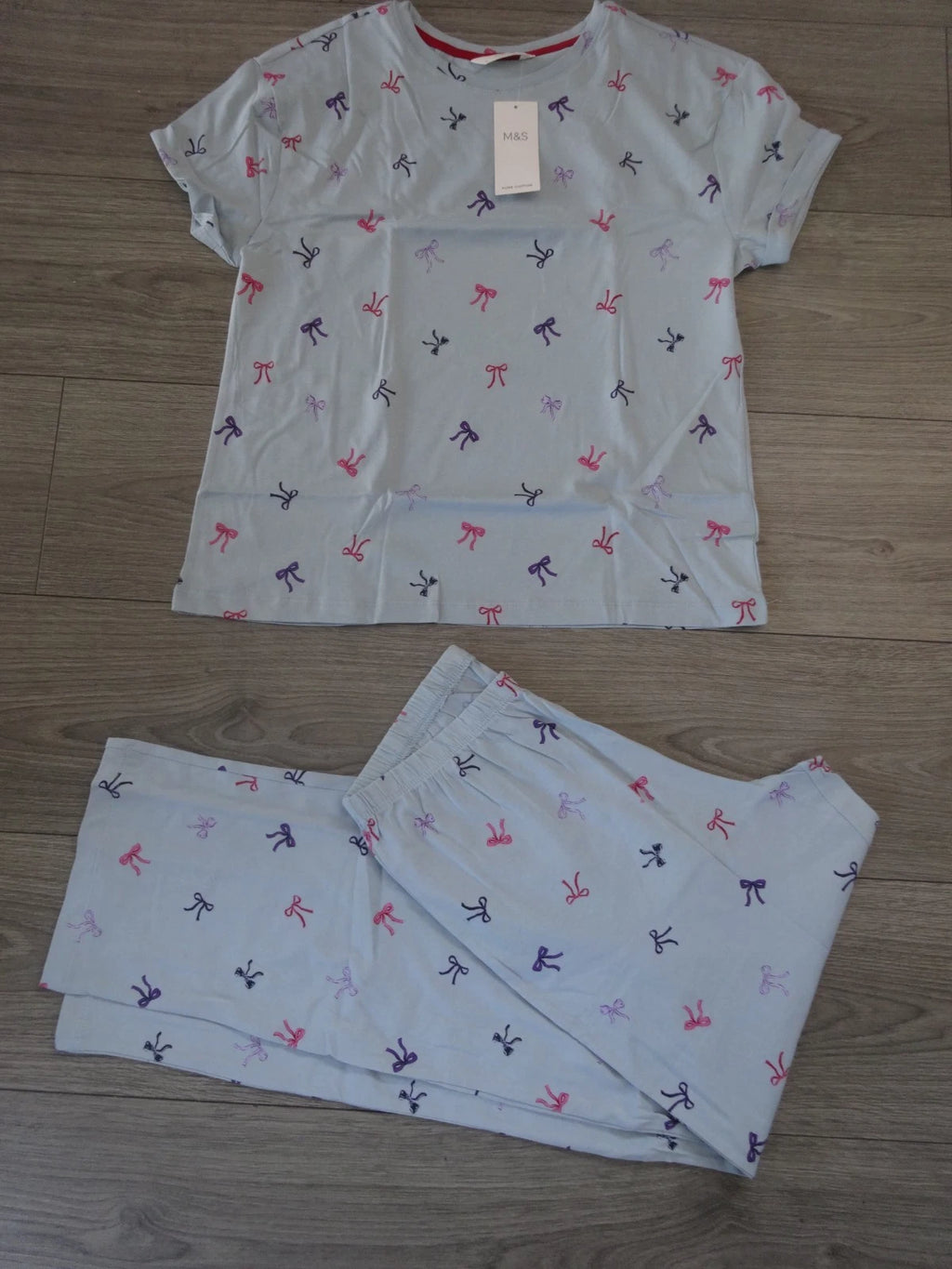 M&S MARKS & SPENCER BLUE MIX COTTON SHORT SLEEVE PYJAMA SET SIZE S UK SIZE 8-10