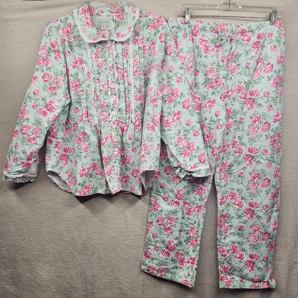 Lanz Of Salzburg Pajama Set Womens Green Floral Flannel Ruffle Cotton Grandma