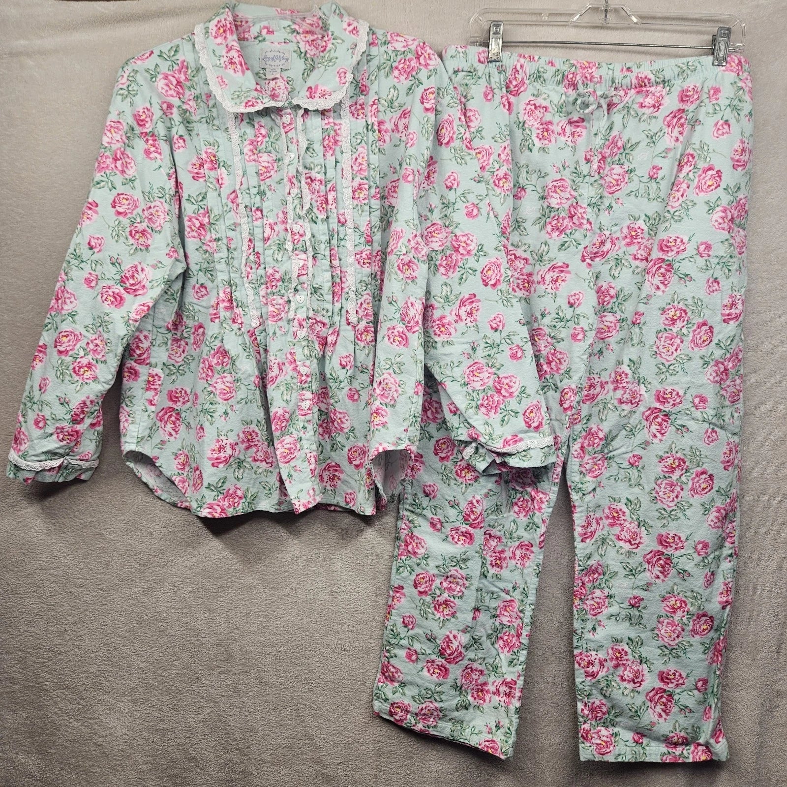 Lanz Of Salzburg Pajama Set Womens Green Floral Flannel Ruffle Cotton Grandma