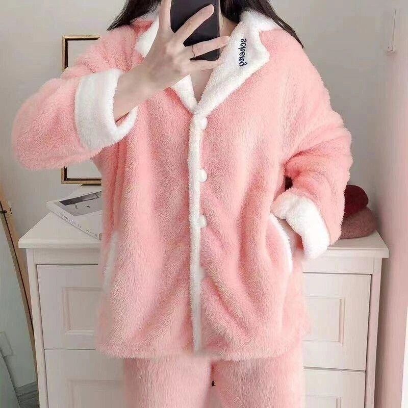 Women's Warm Cartoon Pajama Suit Two Piece Set Shawl Collar Coat Loose Fit Pants