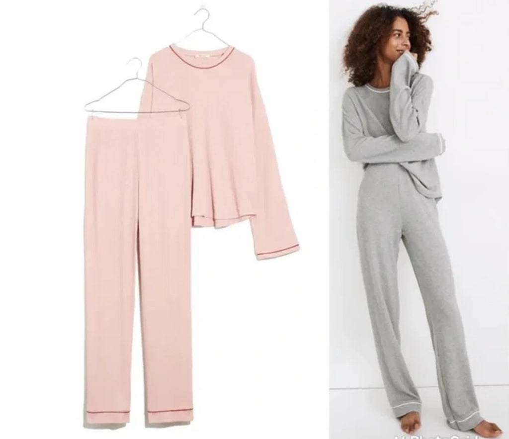 MADEWELL WOMEN'S PINK LONG SLEEVE PIPPED WAFFLE KNIT PAJAMA SET Sz L