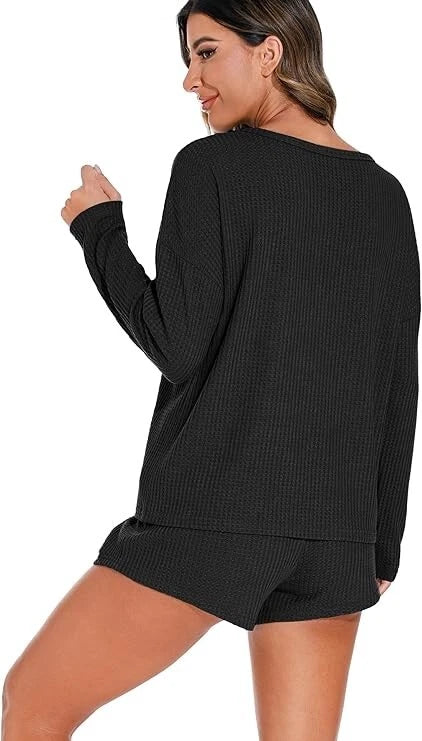 Womens Waffle Knit Pajama Sets Long Sleeve Top and Shorts Loungewear Sweatsuit