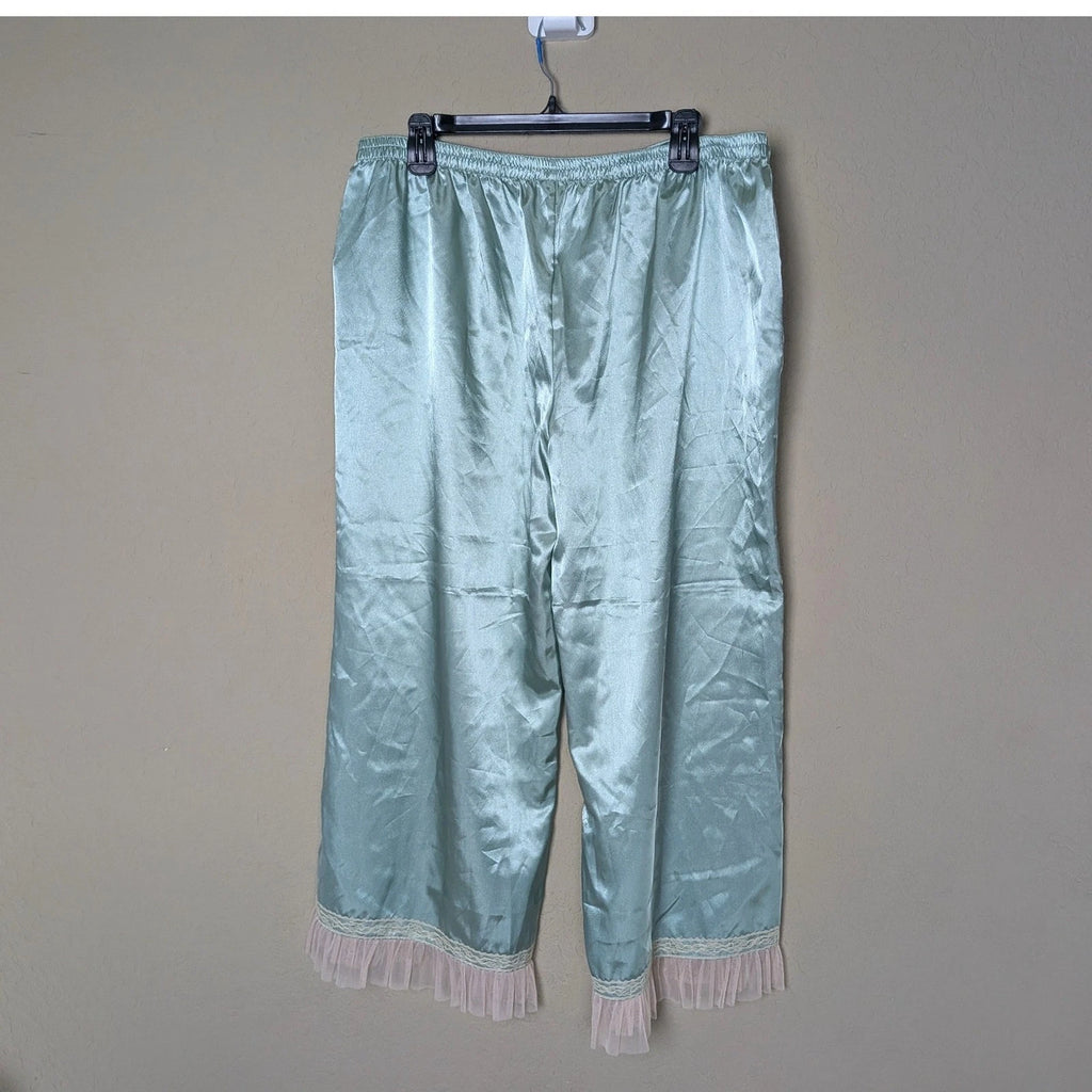 Kenzie Satin Pajama Set 2 Piece Cami & Cropped Pants Mint Green Lace Trim Size L