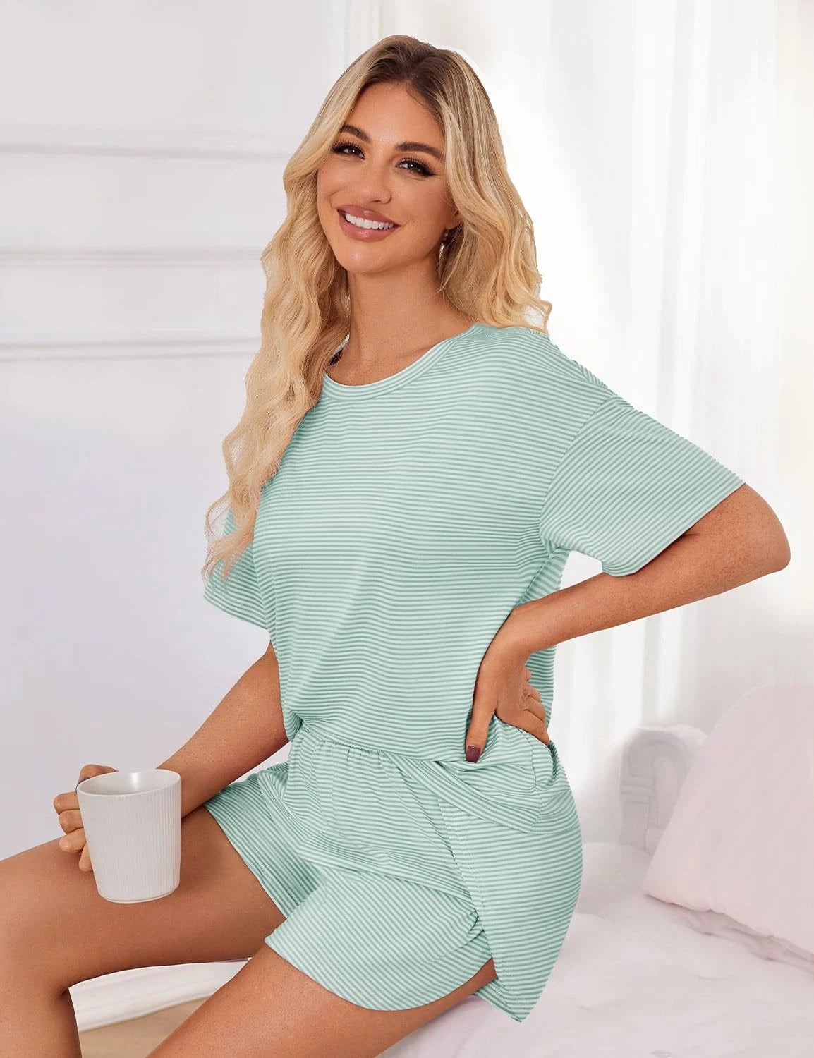 Womens Summer Pajama Sets Striped Print Short Sleeve Pajamas for Women Split ...