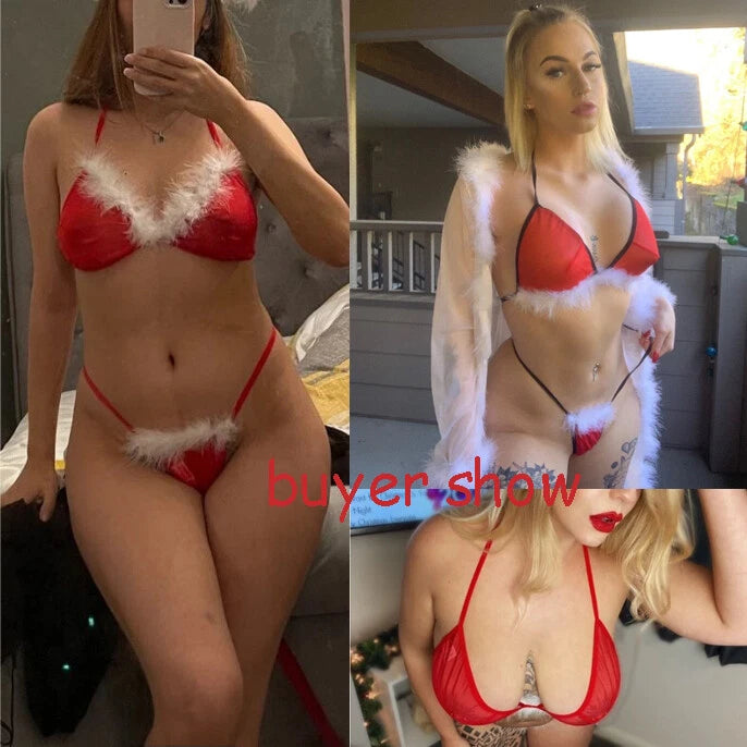 Christmas Lingerie for Women Santa Bra G-String Set Naughty Play Halter Chemise